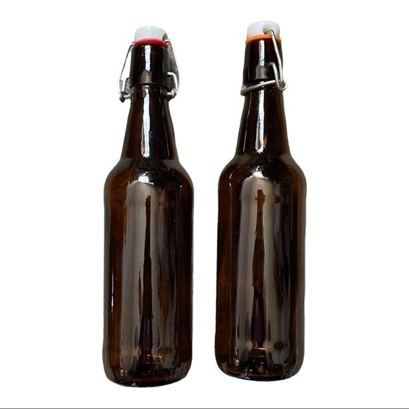 Stylish Amber Brown Swing Top Glass Bottles - Set of Two (16oz) - Picture 1 of 4